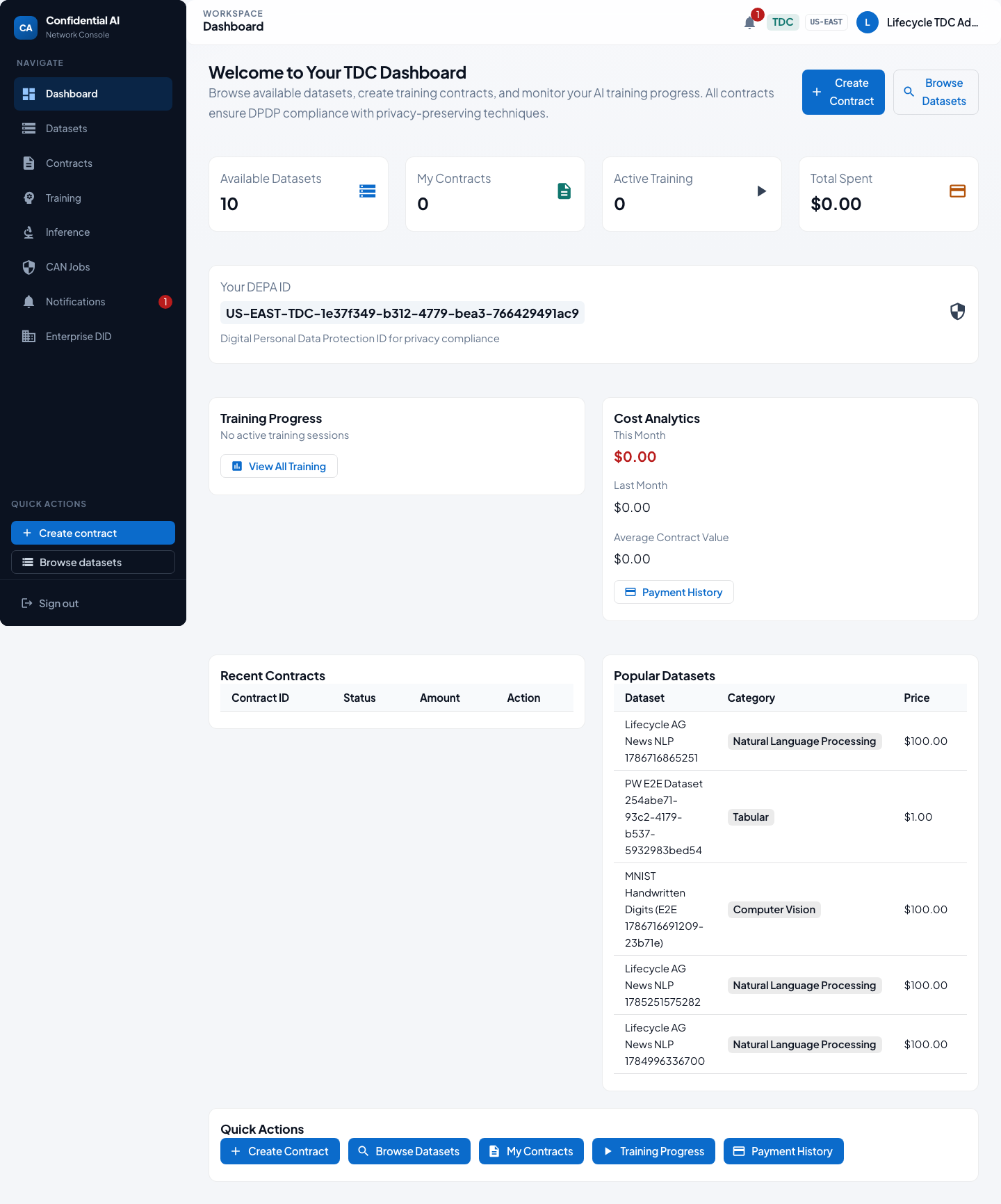 Training Data Consumer dashboard after first login