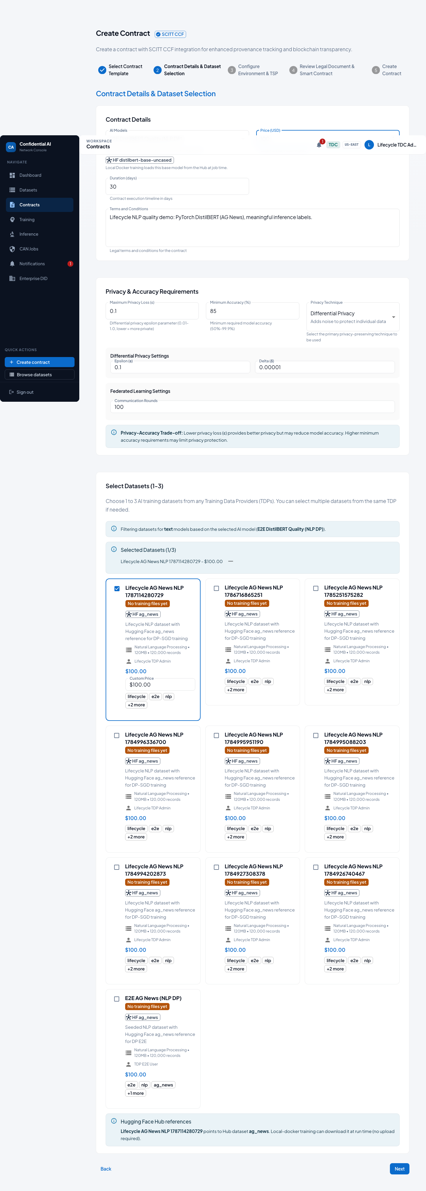 Contract wizard selecting dataset and model