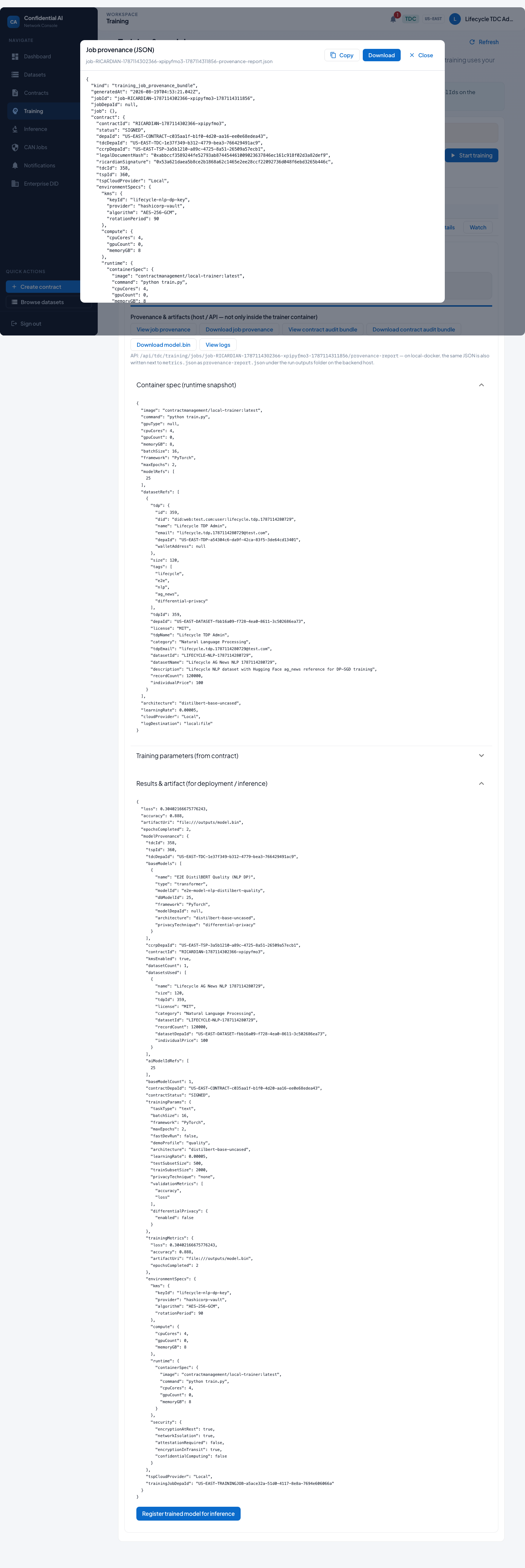 Full provenance report for the training job
